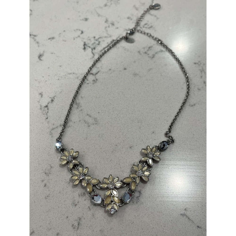 Lia Sophia Silver Floral Statement Necklace White Enamel Crystals Adjustable - Picture 7 of 7